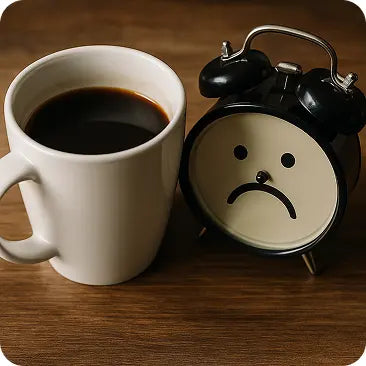Tasse Kaffee neben einem Wecker – VitaminH2 molekularer Wasserstoff Brausetablette.